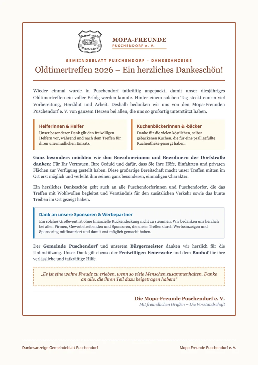 Dankesanzeige der Mopa-Freunde Puschendorf e. V. zum Oldtimertreffen 2026